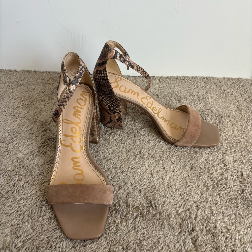 Tan suede and snake print heels